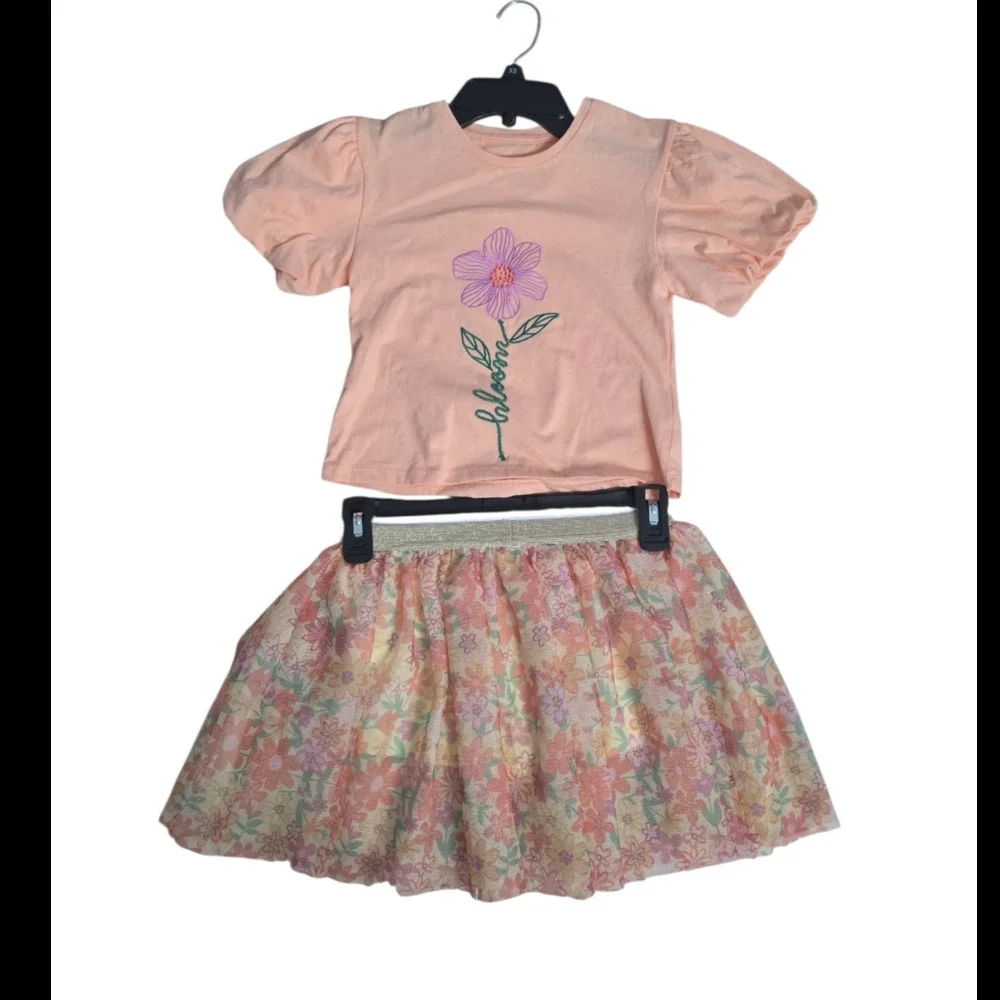 Joss & Squatter Girls 2-Piece Skirt Set 6X Pink Embroidered Top Floral Skirt